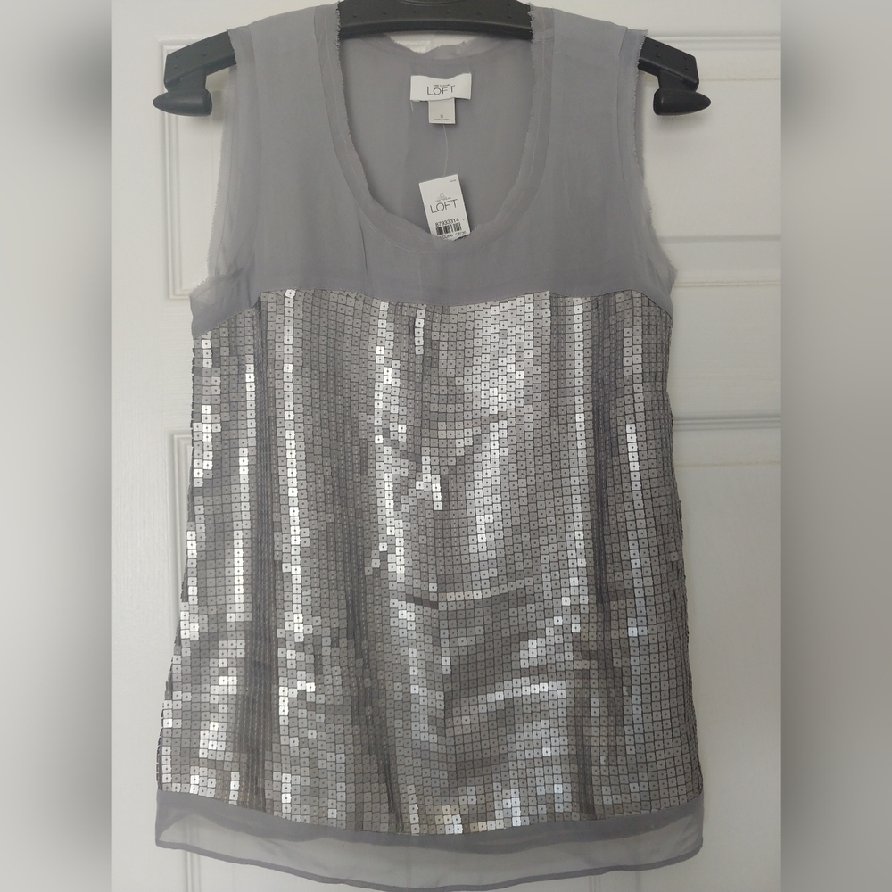 LOFT New Gray Sheer Sequin Tank Size Small